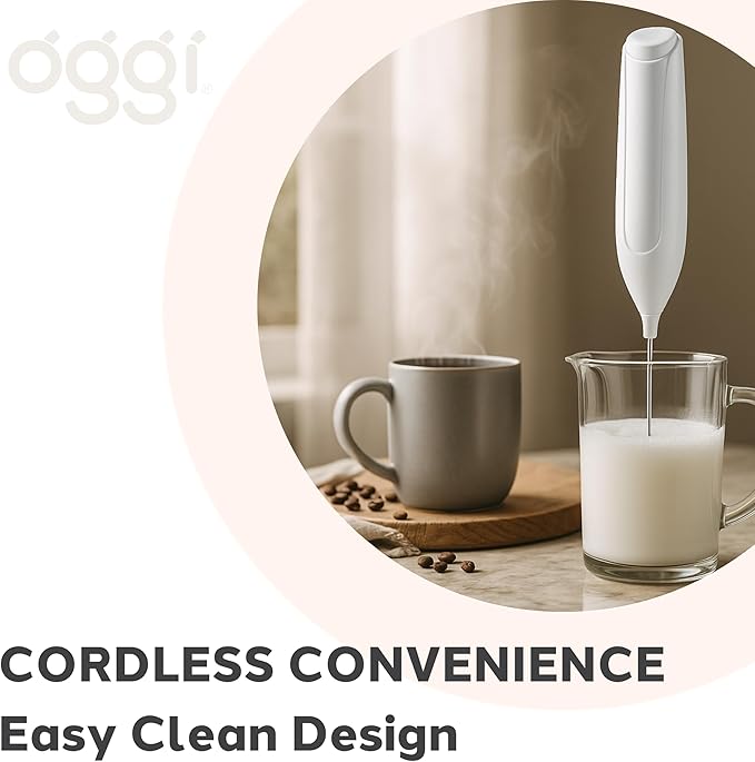Oggi Handheld Milk Frother, Electric Frother Wand with Stainless Steel Whisk, Mini Whisk for Coffee, Matcha, Latte, Protein, Eggs & More, Battery Operated Compact Frother for Kitchen or Travel, White