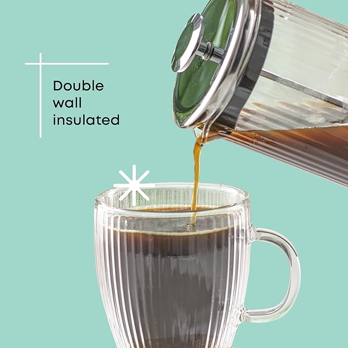 JoyJolt Fluted Glass Coffee Mugs, Double Wall 13.5oz Clear Glass Coffee Mug Set of 2. Latte Glasses, Glass Cappuccino Mugs, Ribbed Mugs
