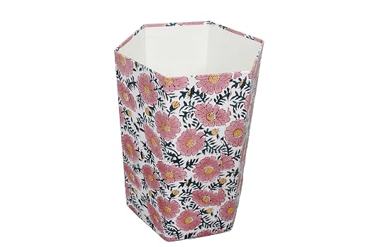 3.3 Gallon Cotton Hand Block Printed Paper Waste Basket |Small Decorative Trash Can for Housewarming Gifts in Living Room, Bedroom, Bathroom | Eco-Friendly, Plastic-Free (1, Green Pink Sun FLOWAR)