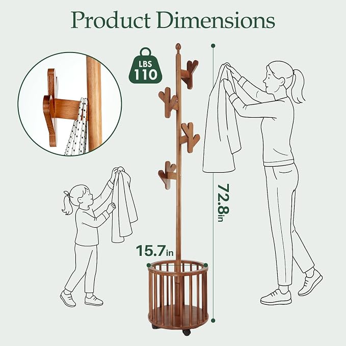 Wooden Coat Rack with Storage Basket & 12 Hooks - Freestanding Heavy Duty Rolling Coat Tree Stand with Wheels, Hat Hanger for Entryway, Hallway, Bedroom, Living Room Corner (Walnut)