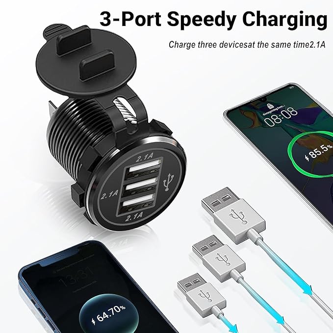 12V USB Outlet, 3 Port Charger Socket 12V/24V Car USB Charger Socket for Car Boat Marine Bus Truck Golf RV Motorcycle and More 2-Pack