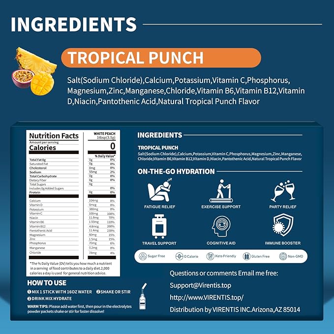 16 Sticks Electrolytes Powder Packets Sugar Free Hydration Packets Liquid Daily IV Electrolyte Drink Mix for Rehydration with 8 Electrolytes & 6 Vitamins, Low Sodium, Tropical Punch