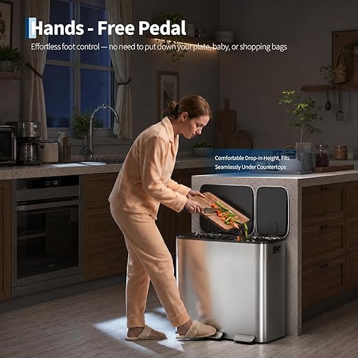 Dual Kitchen Trash Can 13.2 + 5.2 gal (50+20L) Stainless Steel Trash Cans with Soft Close Lid Large Double Garbage and Recycling Bin with 2 Removable Inner Buckets Step-on Metal Garbage Cans Silver