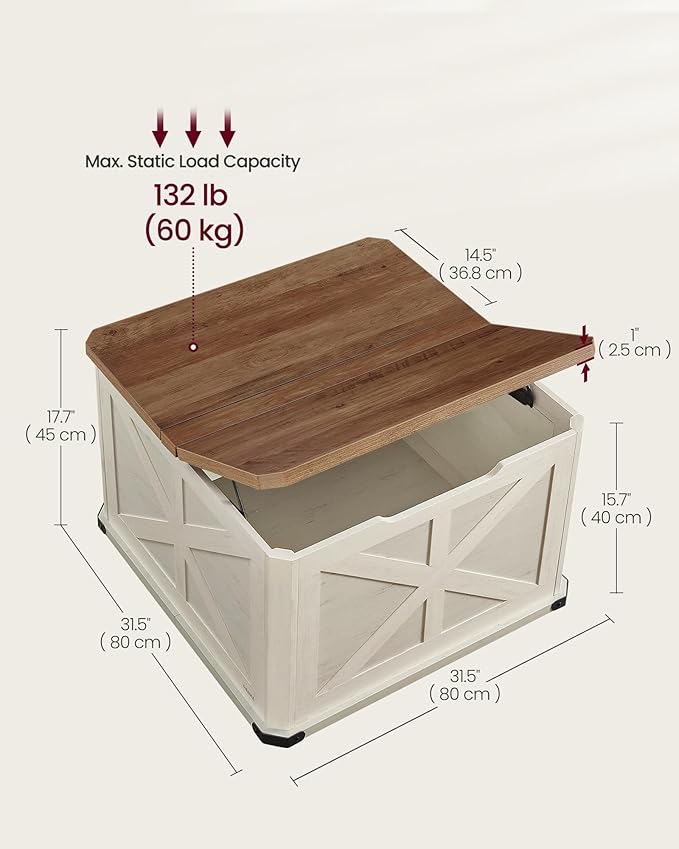 VASAGLE LIRY Collection - Farmhouse Coffee Table with Storage, Square Center Coffee Table for Living Room, with Hidden Compartment, Flip-Top Lids, Honey Brown and Rustic White ULCT232W73