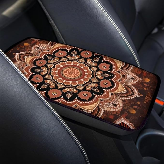 Boho Flower Print Center Console Cushion for Cars Decorative Automotive Armrest Seat Box Cover for Women Universal Fit Van SUV Truck Sedan, Brown
