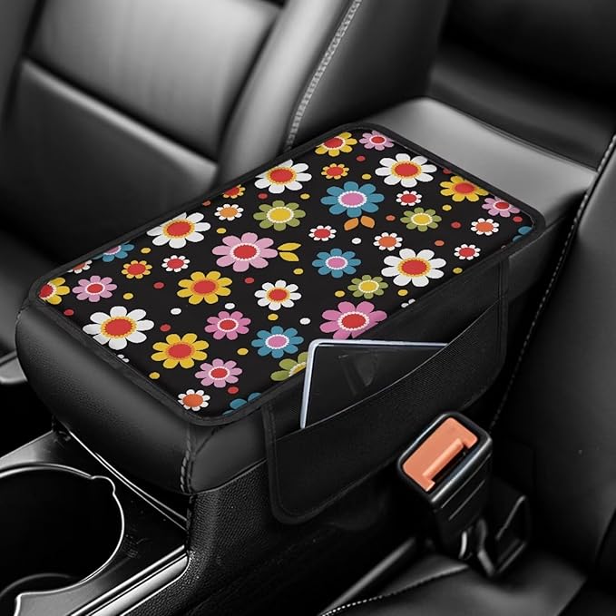 BIGCARJOB Stylish Daisy Print Armrest Pad with Pocket Universal Car Center Console Cover Hippie Daisy Print Car Armrest Storage Box Middle Console Cover Universal Armrest Cover Cushion