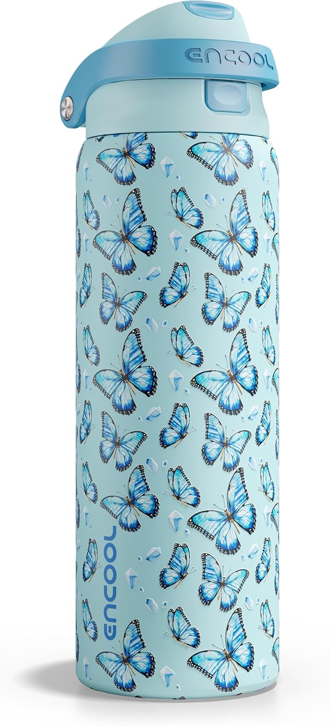 ENCOOL Leakproof Insulated Water Bottle with Straw Dual-Sip Water Bottle Bag-Safe Design for Work, Commute & Gym – Keeps Drinks Cold All Day, 32 oz, Glacier Butterfly