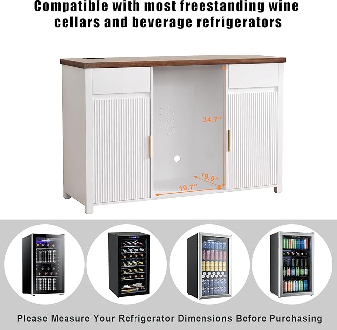 GDLF Large Coffee Bar Cabinet with Fridge Space, Mini Fridge Cabinet with Wine Storage, Buffet Sideboard Table for Home, Fluted Modern Design,53.2" L，White