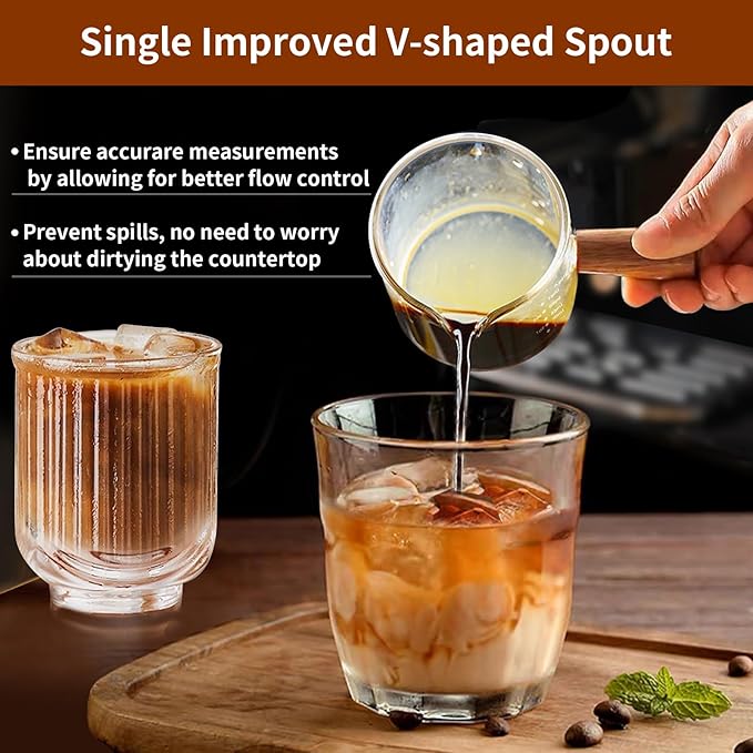 YARRAMATE 2.5 oz/75ML Espresso Shots Cup with Wood Handle, Clear Glass Espresso Measuring Cup with Dual Scale, Shot Glass with Single Spout, Dishwasher Safe