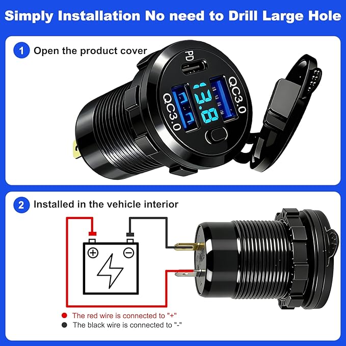 12V USB Dual Port Quick Charge 3.0 and PD3.0 USB-C Car Charger Socket 12V Power Outlet Cigarette Lighter Replacement DIY Kit with Voltage Meter and Switch for Car, Boat, Motorcycle
