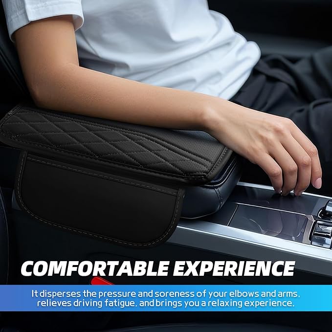 Car Center Console Cover, 11.8"×6.7" Leather Armrest Cover for Cars, Multifunctional Auto Armrest Cushion Pad with Storage Pocket, Universal Arm Rest Protector Car Accessories (Black)