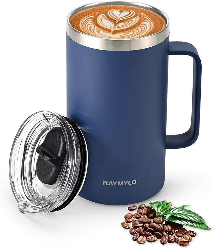 Insulated Coffee Mug 24 oz, Double Wall Stainless Steel Coffee Mug with Lids, Leak-Proof & Detachable Slider Lid for Thorough Clean, Keeps Coffee Cold for 9 Hrs, Suitable for Camp Home Office