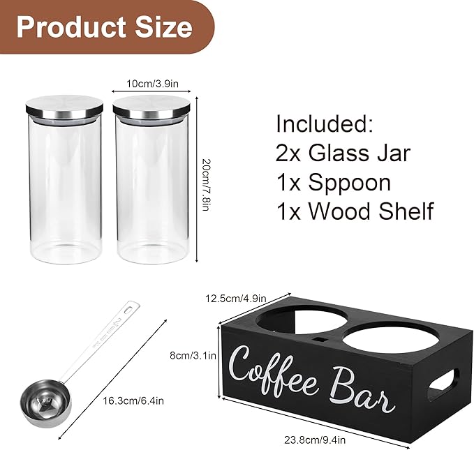 Airtight Coffee Bean Container Set - 2×50oz Glass Coffee Canisters with Scoop & Shelf, Clear Ground Coffee Storage Jars with Lids for Coffee Bar, Sugar, Tea, Nuts & Kitchen Countertop