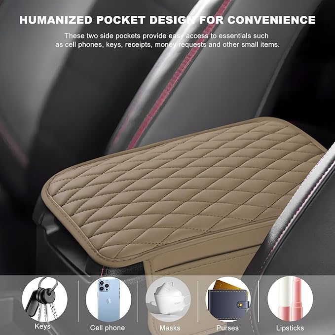 Car Center Console Cover, Waterproof Leather Arm Rest Cushion Pad with 2 Storage Bags, Anti-Scratch Armrest Seat Box Protector Interior Accessories for Most Vehicles (Beige)