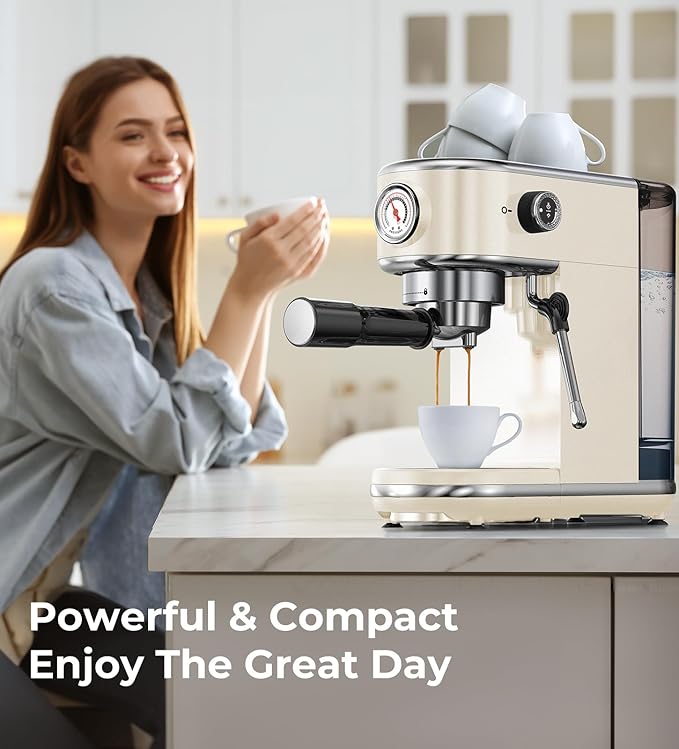20 Bar Espresso Machine with Milk Frother, Compact Espresso Maker, Stainless Steel Coffee Machine with Precise Temp Control & 44oz Removable Water Tank for Latte, Cappuccino, Creamy White