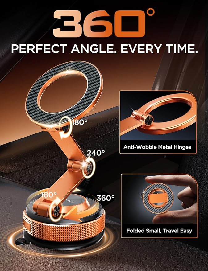 Car Phone Holder – 360° Magnetic Car Phone Mount with Metal Long Arm & Extended Reach 2026 Tesla Phone Holders for Your Car for iPhone 17 Pro Max 16 15 14 13 12 Plus, Orange