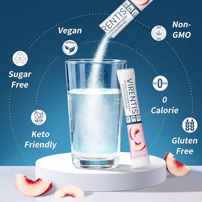 16 Sticks Electrolytes Powder Packets Sugar Free Hydration Packets Liquid Daily IV Electrolyte Drink Mix for Rehydration with 8 Electrolytes & 6 Vitamins, Low Sodium, White Peach