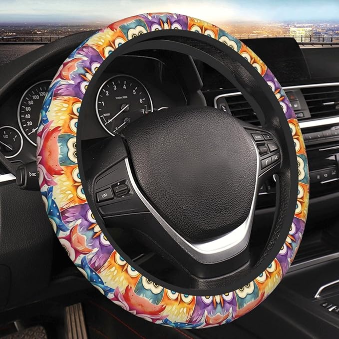 Colorful Owls Pattern Car Steering Wheel Cover, 15 Inch Steering Wheel Cover Stylish Decor for Most Cars