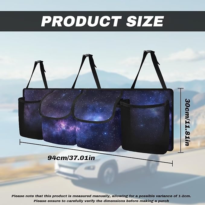 Purple Galaxy Car Trunk Organizers, 37.1" x 11.8" Backseat Hanging Organizer with 4 Storage Bag, Waterproof Car Organizer with Adjustable Strap, Road Trip Large Capacity Bag for Car SUV