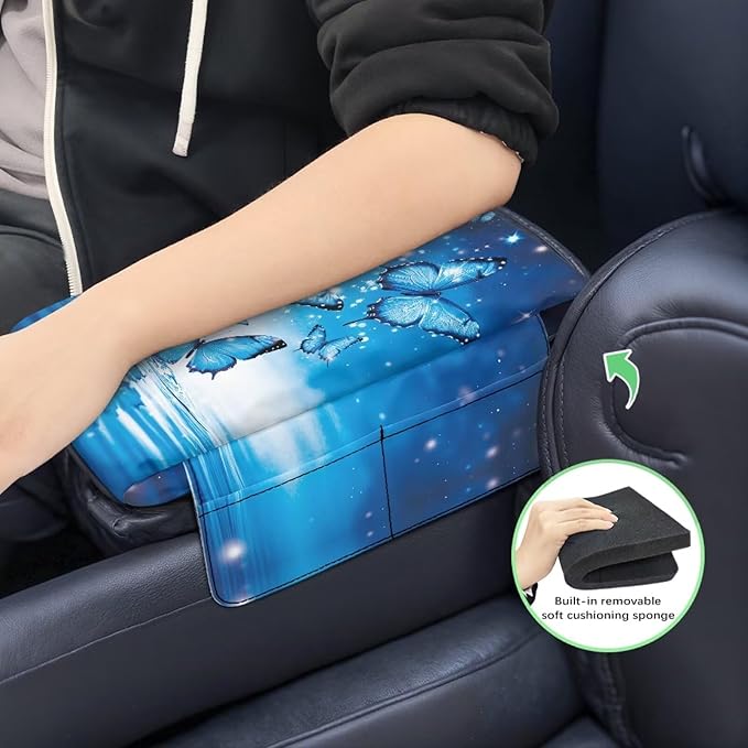 Dreaweet Car Armrest Cover Blue Butterfly Car Accessories Thick Center Console Cover Pad Universal Arm Rest Cover for Car Console Covers with Pockets for Truck Sedan SUV