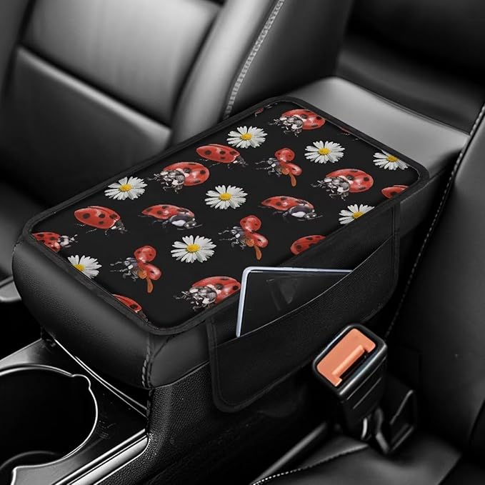 Dreaweet Car Armrest Cushion Ladybug Car Accessories for Women Center Console Pad Cover Protector Armrest Seat Box with Organizer Pockets Storage Bag,Universal Fit