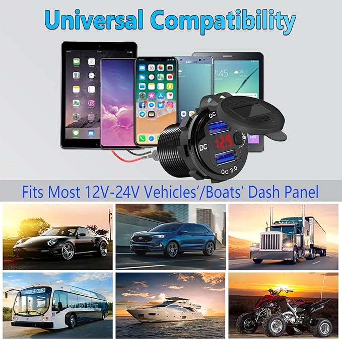 [Upgraded Version] Quick Charge 3.0 Dual 12V USB Car Charger, Aluminum Socket with Red Digital Voltmeter, Waterproof Car Outlet with Power Switch Button, for Marine Boat Motorcycle Truck Golf Cart etc