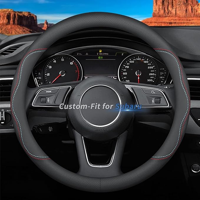 Custom-Fit for Subaru Steering Wheel Cover, Premium Leather Car Steering Wheel Cover with Logo, Non-Slip, Breathable, for Subaru Accessories (A-Style,for Subaru)