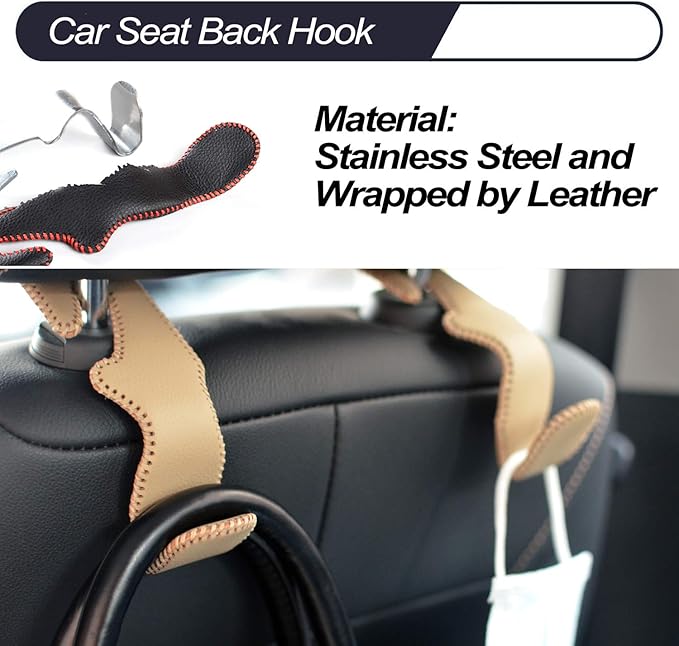 MECHCOS Car Seat Headrest Hooks for Car Back Seat Organizer Hanger Storage Hook Holder for Car SUV Organization Purse Shopping Groceries Bag Handbag, Beige, 2 Pack