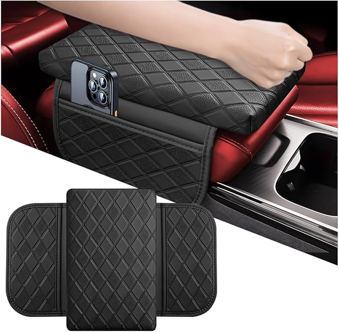 Car Center Console Cover, Leather Vehicle Armrest Pad with 2 Side Storage Bags, Comfortable Auto Interior Middle Console Storage Box Cushion Accessories, Universal for Most Cars (Black-1)
