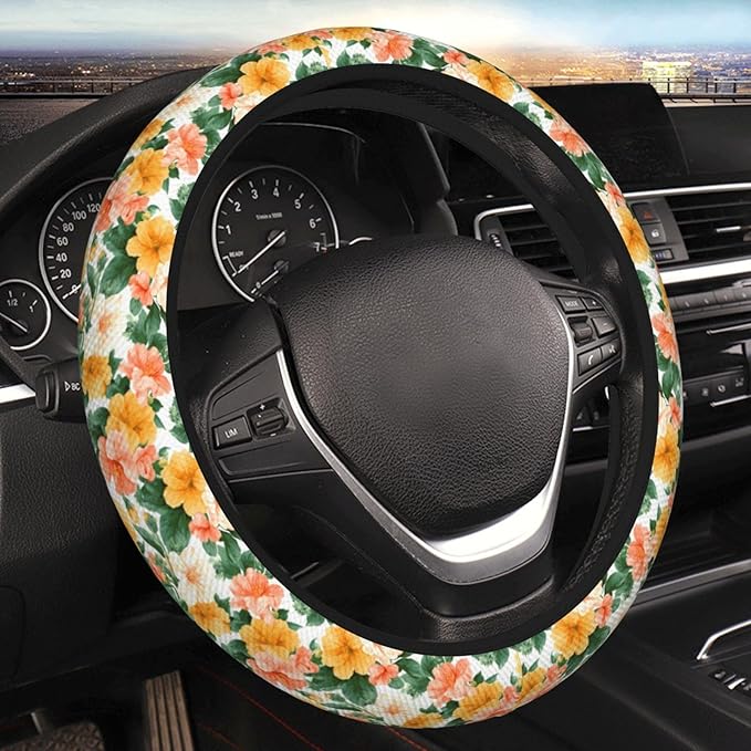 Pastel Peach Yellow Flowers Steering Wheel Cover for Women Men Girls, Accessories Decor Thickened Anti-Slip Auto Steering Wheel Covers Protector Universal Fit 15 Inch for Cars, Truck, SUV