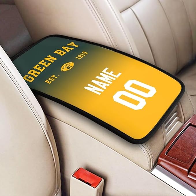 Custom Car Armrest Cover,Add Personalized Name and Number As Gifts for Loyal Football Fans,Auto Center Console Pad Car handrail Box Cushion,Fit for Most Car