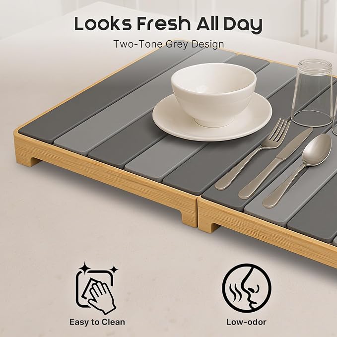 ArtyCozy Large Rollable Stone Drying Mat with Foldable Bamboo Dish Drying Rack for Kitchen Counter, Super Absorbent Diatomaceous Earth and Quick Drying Rack, 24"×16", Dark and Light Grey