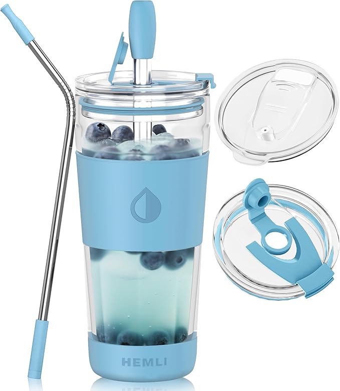 19 oz. Double Wall Glass Coffee Tumbler, To Go Travel Mug with Lid, Portable Glass Thermos with Straw, Reusable Cup, Tea, Smoothies, Ice Coffee, and Boba