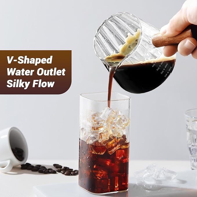 2 PCS Espresso Measuring Cup 6 Oz, Espresso Glass Cups with Wood Handle, Milk Frothing Cup, Espresso Cup for Coffee, Milk, Tea or Maple Syrup Serving