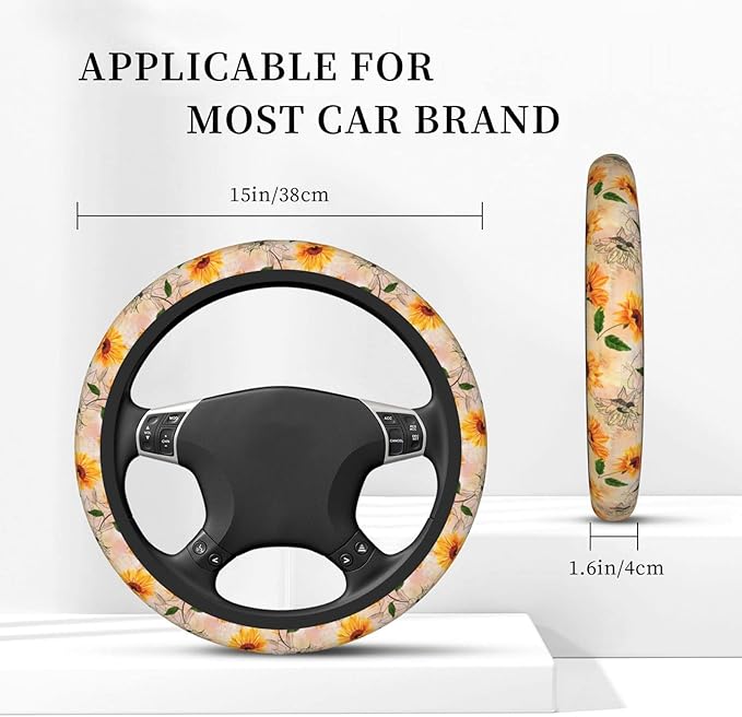 Vintage Sunflower Steering Wheel Cover Women Men Elastic Stretch Soft Car Wheel Protector Universal Breathable No-Slip Car Accessories for Truck Van SUV Auto Fit 14-15 Inches