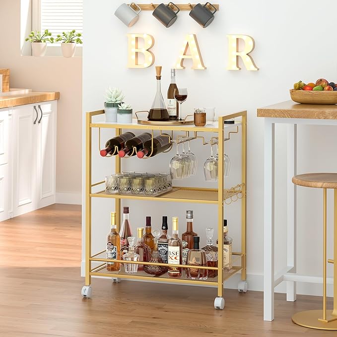 Bar Cart, Home Bar Serving Cart with 3-Tier Shelf,Microwave Cart with Lockable Wheels,Mobile Kitchen Shelf,Rolling Beverage Cart with Wine Rack and Glass Holder for Kitchen,Dinning Room,Gold