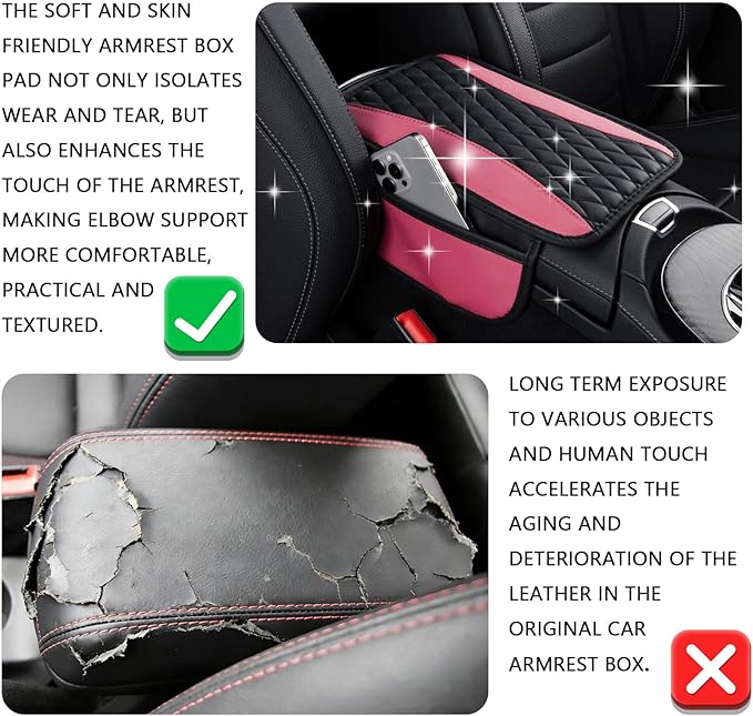 Patchwork Leather Center Console Cover, Upgraded Car Armrest Cover with 2 Storage Bags, Universal Arm Rest Covers for Car, Vehicle Interior Accessories Middle Console Cushion Organizer (Pink)