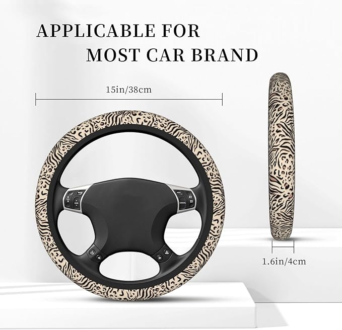 Leopard Zebra Print Steering Wheel Cover for Women Men Girls, Car Accessories Decor Thickened Anti-Slip Auto Steering Wheel Covers Protector Universal Fit 15 Inch for Cars, Truck, SUV