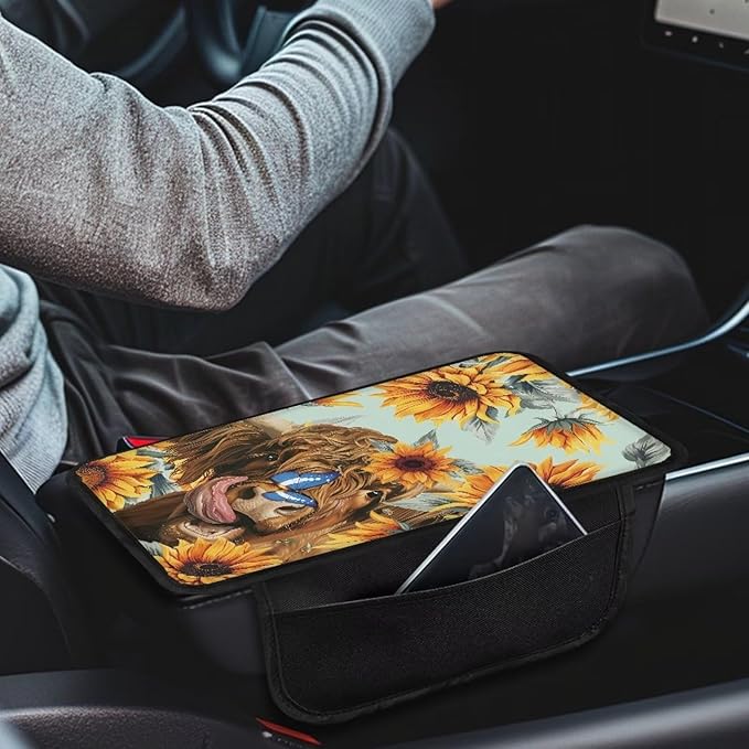 Dreaweet Center Console Cover with Pockets Sunflower Highland Cow Car Accessories for Women Interior,Arm Rest Cover for Car Truck SUV,Universal Car Armrest Cover Cushion Pad