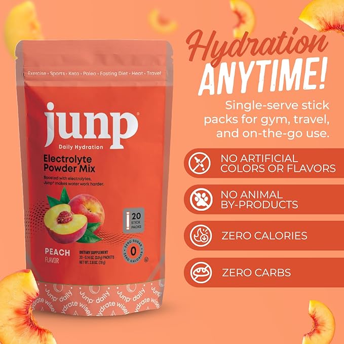 JUNP Sugar Free Electrolytes Powder Packets for Water Instant Hydration Packets with Salt & Potassium, Zero Calorie, No Carbs No Sugar Electrolyte Drink Mix Sticks, Keto Friendly, Juicy Peach 20 Pack