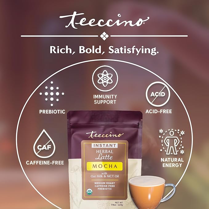 Teeccino Organic Instant Mocha Herbal Latte – 14 Servings – Creamy Oat & Coconut Latte Plus MCT Oil with Chocolaty Cacao & Dates Accenting Roasted Chicory – Prebiotic, Caffeine-Free – 7.9 ounces 