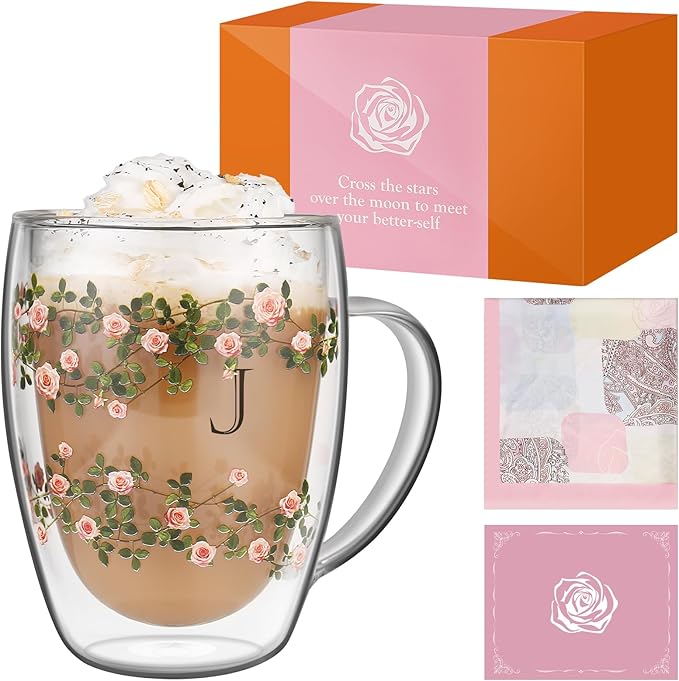Initial Glass Cup for Women, 12oz Rose Double Walled Glass Coffee Mugs, Personalized Gifts for Women, Initial Coffee Tea Mug with Scarf, Birthday Wedding Gifts for Her Mom Teacher (ROSE-J)