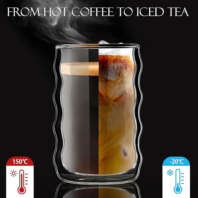 Joeyan 14.5oz Double Wall Glass Tumbler, Clear Insulated Thermal Glass Cups for Hot Cold Drinks, Tall Highball Drinking Glasses for Beer, Lemonade, Iced Coffee, Cocktail, Tea, Smoothie, Set of 2