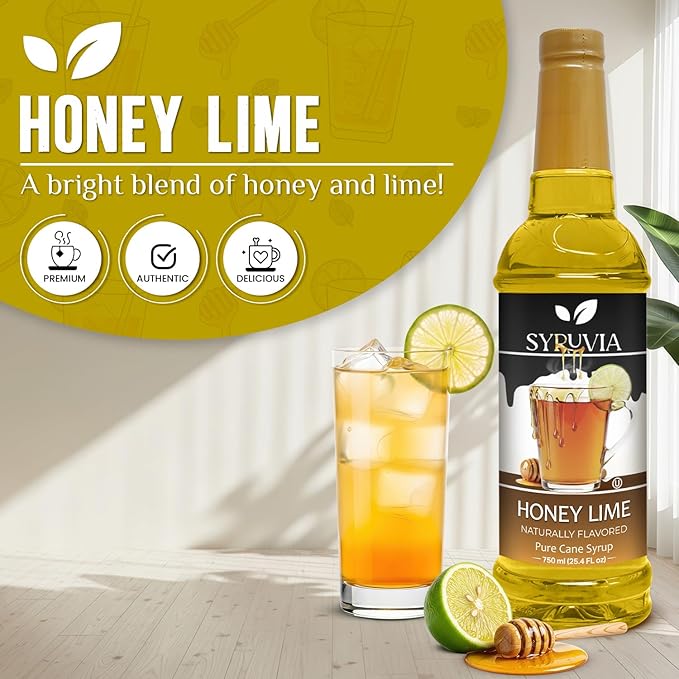 Syruvia Honey Lime Flavored Syrup for Drinks, Cocktails, Mocktails, Iced Teas and Desserts – 25.4 fl oz