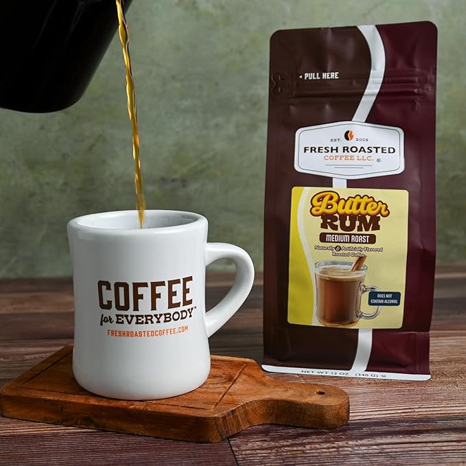 Fresh Roasted Coffee, Butter Rum Flavored Coffee, 12 oz, Medium Roast, Kosher, Ground