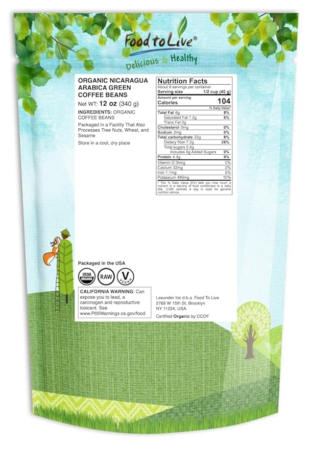 Food to Live Organic Nicaragua Arabica Green Coffee Beans, 12 Ounces – Whole, Unroasted, Washed Bean. Fresh Crop. No-GMO, Vegan, Bulk