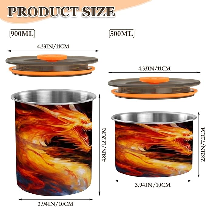 Coffee Storage Containers Airtight Food Storage Canister Set with Vacuum Seal, 900ml Food Grade Stainless Steel Coffee Bean & Tea Storage Jar Ice Fire Dragon