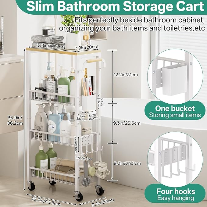 Laundry Room Organization Cart, 4 Tier Slim Rolling Cart for Small Narrow Spaces, Storage Shelf Cabinet with Wheels for Bathroom, Utility Room, Kitchen, Near Washer Dryer (9.1" W Overall)