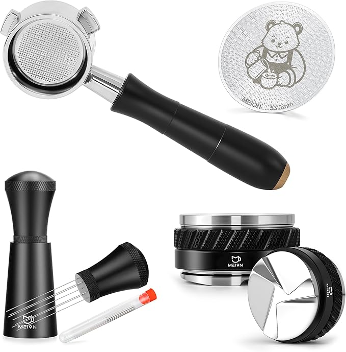 MEION 54mm Espresso Accessories Kit for Breville Espresso Machines, Includes Bottomless Portafilter, Double-sided Coffee Distributor & Tamper, Espresso Stirrer and Thin 0.8mm Puck Screen (Black, 54mm)