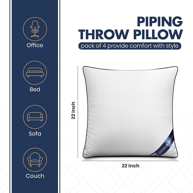 Utopia Bedding Throw Pillow Inserts (Pack of 4, White), 22 x 22 Inches Decorative Indoor Pillows for Sofa, Bed, Couch, Cushion Sham Stuffer
